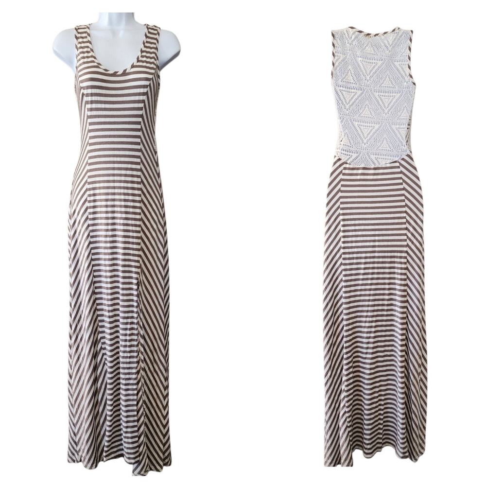 Finn & Clover Womens Maxi Dress Size S Beige White Striped Sleeveless Slit Lace